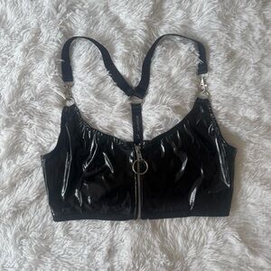 Melanoir pvc black Zip Front Crop Top with Strappy Back